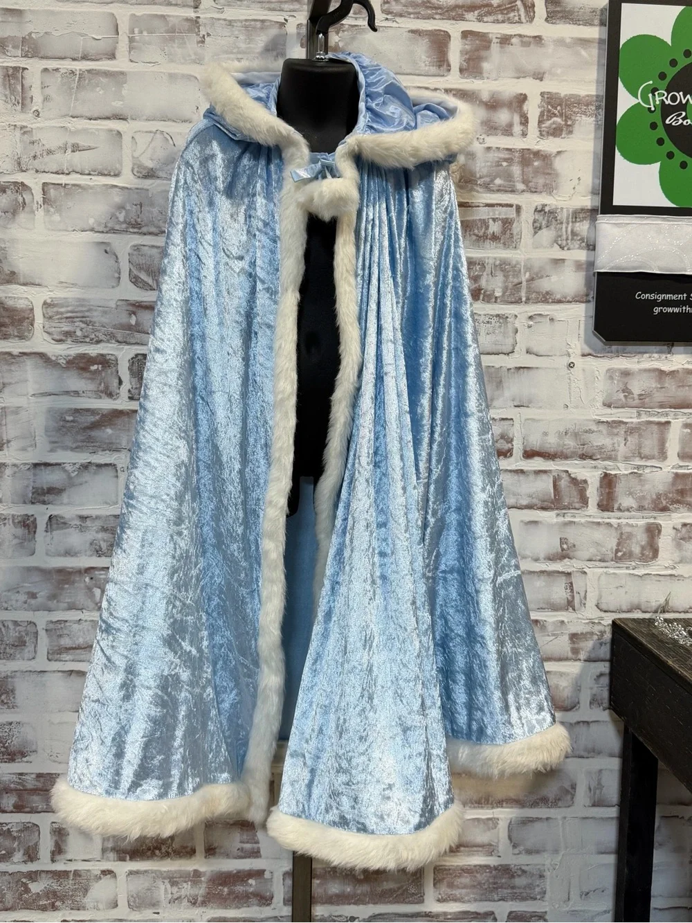 Light Blue Velvet Hooded Cape with Faux Fur Trim youth size 4